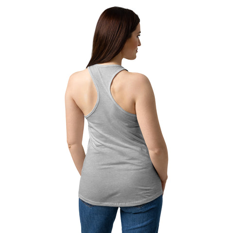 Female model wearing a Heather Gray women's racerback tank, showing the plain back.