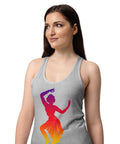 Female model wearing a Heather Gray women's racerback tank, showing the purple, red, orange and yellow classical dancer printed high on the front.