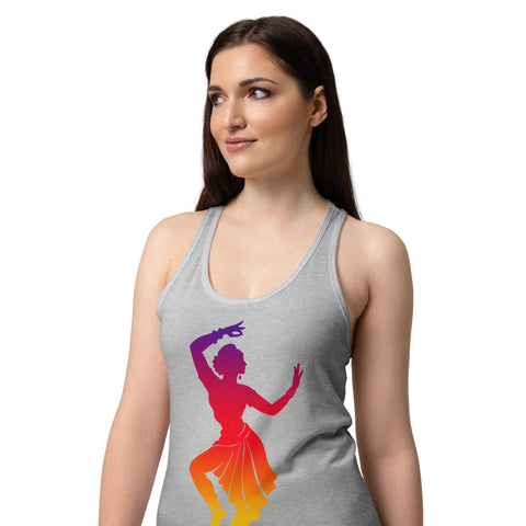 Female model wearing a Heather Gray women's racerback tank, showing the purple, red, orange and yellow classical dancer printed high on the front.