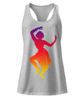 A Heather Gray women's racerback tank, showing the purple, red, orange and yellow classical dancer printed high on the front.