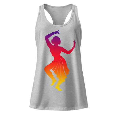A Heather Gray women's racerback tank, showing the purple, red, orange and yellow classical dancer printed high on the front.