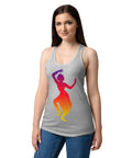 Female model wearing a Heather Gray women's racerback tank, showing the purple, red, orange and yellow classical dancer printed high on the front.