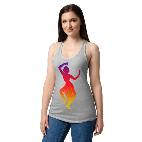 Female model wearing a Heather Gray women's racerback tank, showing the purple, red, orange and yellow classical dancer printed high on the front.