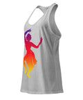 A Heather Gray women's racerback tank, showing the purple, red, orange and yellow classical dancer printed high on the front.