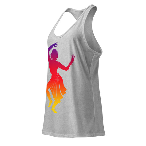 A Heather Gray women's racerback tank, showing the purple, red, orange and yellow classical dancer printed high on the front.