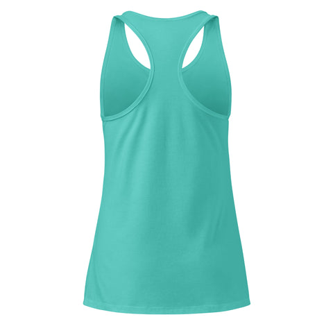 A Tahiti Blue women's racerback tank, showing the plain back.