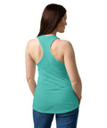 Female model wearing a Tahiti Blue women's racerback tank, showing the plain back.