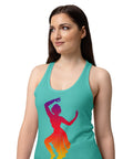 Female model wearing a Tahiti Blue women's racerback tank, showing the purple, red, orange and yellow classical dancer printed high on the front.