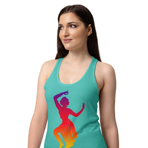 Female model wearing a Tahiti Blue women's racerback tank, showing the purple, red, orange and yellow classical dancer printed high on the front.