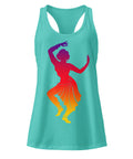 A Tahiti Blue women's racerback tank, showing the purple, red, orange and yellow classical dancer printed high on the front.