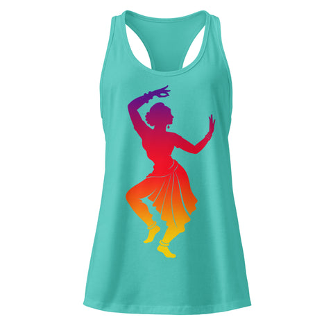 A Tahiti Blue women's racerback tank, showing the purple, red, orange and yellow classical dancer printed high on the front.
