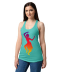 Female model wearing a Tahiti Blue women's racerback tank, showing the purple, red, orange and yellow classical dancer printed high on the front.