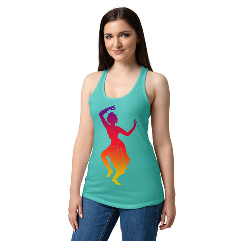 Female model wearing a Tahiti Blue women's racerback tank, showing the purple, red, orange and yellow classical dancer printed high on the front.