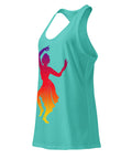 A Tahiti Blue women's racerback tank, showing the purple, red, orange and yellow classical dancer printed high on the front.
