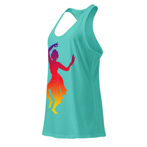 A Tahiti Blue women's racerback tank, showing the purple, red, orange and yellow classical dancer printed high on the front.