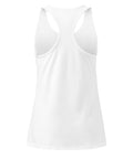 A White women's racerback tank, showing the plain back.
