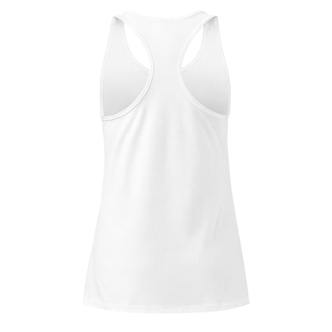 A White women's racerback tank, showing the plain back.