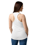 Female model wearing a White women's racerback tank, showing the plain back.