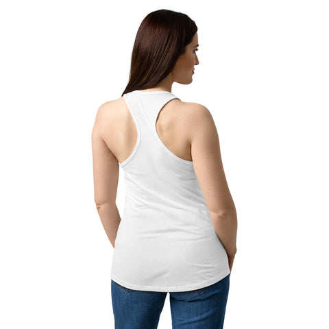 Female model wearing a White women's racerback tank, showing the plain back.