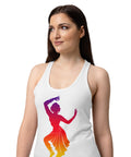 Female model wearing a White women's racerback tank, showing the purple, red, orange and yellow classical dancer printed high on the front.