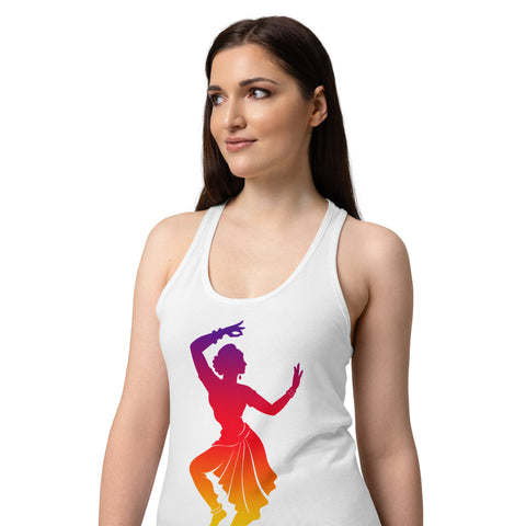 Female model wearing a White women's racerback tank, showing the purple, red, orange and yellow classical dancer printed high on the front.