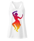 A White women's racerback tank, showing the purple, red, orange and yellow classical dancer printed high on the front.
