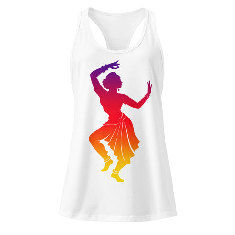 A White women's racerback tank, showing the purple, red, orange and yellow classical dancer printed high on the front.