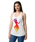 Female model wearing a White women's racerback tank, showing the purple, red, orange and yellow classical dancer printed high on the front.