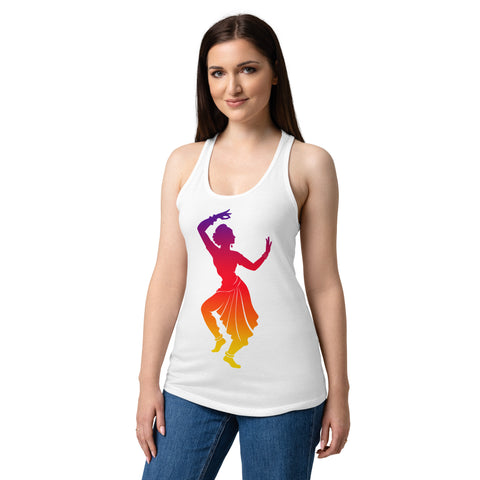 Female model wearing a White women's racerback tank, showing the purple, red, orange and yellow classical dancer printed high on the front.