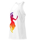 A White women's racerback tank, showing the purple, red, orange and yellow classical dancer printed high on the front.