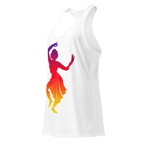 A White women's racerback tank, showing the purple, red, orange and yellow classical dancer printed high on the front.