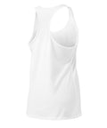 A White women's racerback tank, showing the plain back.