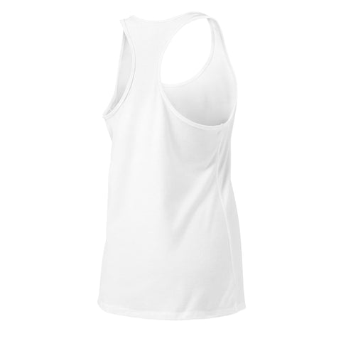 A White women's racerback tank, showing the plain back.