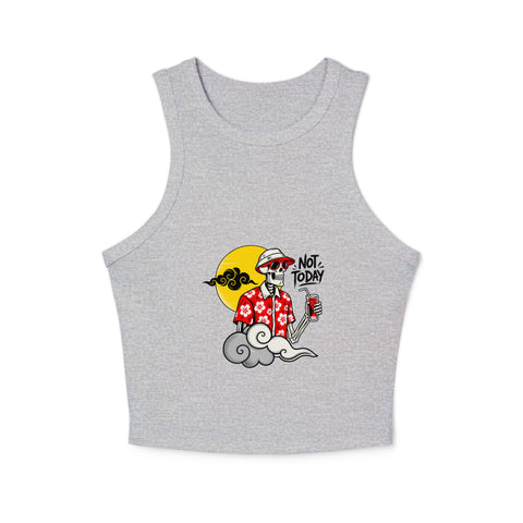 Athletic Heather grey Not Today women’s micro rib racer tank with a high neckline and one colourful tropical skeleton print on the front.