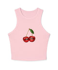 Cherry Lips women’s micro rib racer tank, Solid Pink Blend, front with red cherry lips illustration
