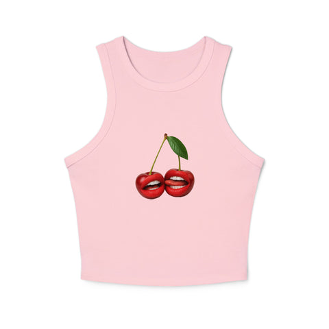 Cherry Lips women’s micro rib racer tank, Solid Pink Blend, front with red cherry lips illustration