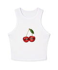 Cherry Lips women’s micro rib racer tank, Solid White Blend, front with red cherry lips illustration