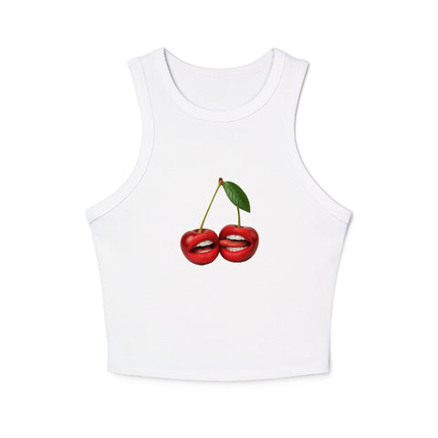 Cherry Lips women’s micro rib racer tank, Solid White Blend, front with red cherry lips illustration