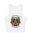 White women’s racer tank with full Anti-Social Butterfly skeleton, orange wings, green leaves and red flowers print