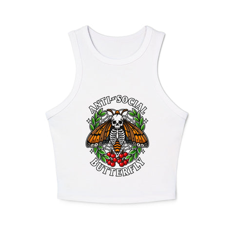 White women’s racer tank with full Anti-Social Butterfly skeleton, orange wings, green leaves and red flowers print