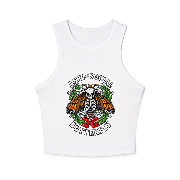 White women’s racer tank with full Anti-Social Butterfly skeleton, orange wings, green leaves and red flowers print