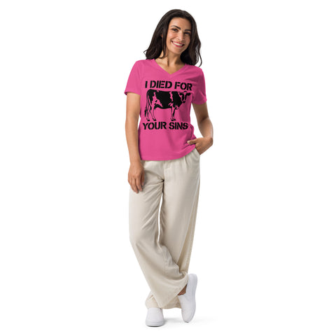 Model wearing a Berry women’s relaxed V-neck tee with one large black cow stencil and I Died for Your Sins lettering printed high on the front; plain sleeves and back.