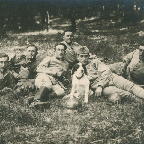 World War I French Soldiers Resting with Dog Postcard