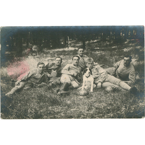World War I French Soldiers Resting with Dog Postcard