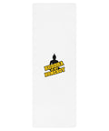 Buddha Is My Homeboy 24 × 68 inch white yoga mat with full black seated silhouette and yellow lettering centred on top – view 1