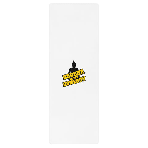Buddha Is My Homeboy 24 × 68 inch white yoga mat with full black seated silhouette and yellow lettering centred on top – view 1