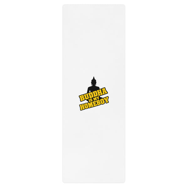 Buddha Is My Homeboy 24 × 68 inch white yoga mat with full black seated silhouette and yellow lettering centred on top – view 1