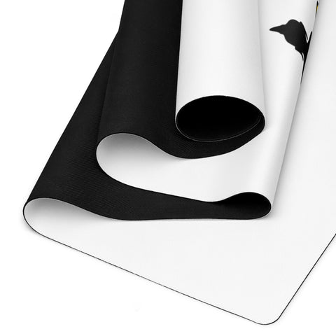 Buddha Is My Homeboy 24 × 68 inch white yoga mat with full black seated silhouette and yellow lettering centred on top – view 2