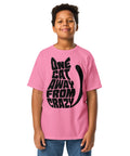 Youth model wearing a Azalea One Cat Away youth classic tee, showing the black cat-shaped One Cat Away From Crazy print on the front.