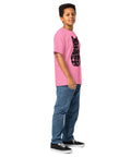 Youth model wearing a Azalea One Cat Away youth classic tee, showing the black cat-shaped One Cat Away From Crazy print on the front.